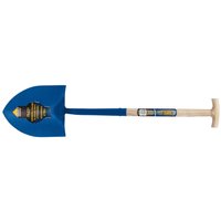 Blue round mouth T-handle shovel with ash shaft, solid forged design, and Draper Expert branding.