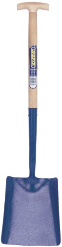 Solid forged square mouth shovel with a blue metal blade and a light ash wooden shaft, featuring a T-shaped handle for grip and durability.