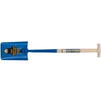 Blue Draper Expert trenching shovel with solid forged blade, T-shaped handle, and ash wood shaft.