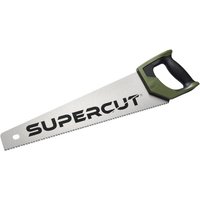Draper Expert Supercut hand saw with green handle and triple ground teeth, featuring bold "SUPERCUT" text on the blade.