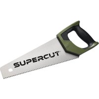 Draper Expert Supercut handsaw, 350mm blade, green and black handle, triple ground teeth, bold "SUPERCUT" text on blade.