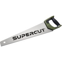 Draper Expert Supercut handsaw with silver blade, black handle, green accents, and bold "SUPERCUT" text on the blade.