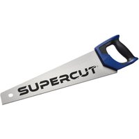 Draper Expert Supercut hand saw with blue and black handle, silver blade, and bold "SUPERCUT" text.