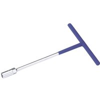 T-shaped silver socket wrench with blue handle, 10mm size, by Draper Expert.