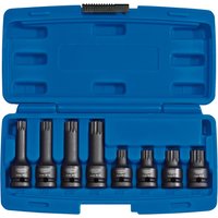 Blue case with 8 black tamper-proof impact spline sockets, 1/2" square drive, varying lengths, by Draper Expert.