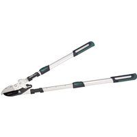 Telescopic anvil ratchet loppers with silver aluminum handles and black soft grips by Draper Expert.