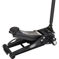Black Draper Expert low profile garage trolley jack with fast lift feature and sturdy wheels.