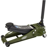 Green Draper Expert low profile trolley jack with black lifting arm and wheels, designed for professional garage use.