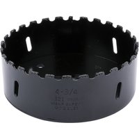 Black Draper Expert hole saw with tungsten carbide grit edge, 121mm diameter, round shape with jagged cutting teeth.