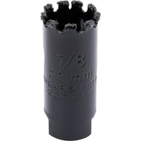 Black Draper Expert 22mm tungsten carbide grit hole saw with jagged cutting edge and engraved size markings.