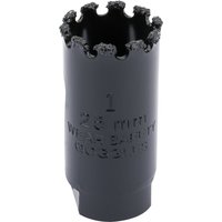 Black Draper Expert hole saw with tungsten carbide grit edge, 25mm diameter, cylindrical shape with serrated top.