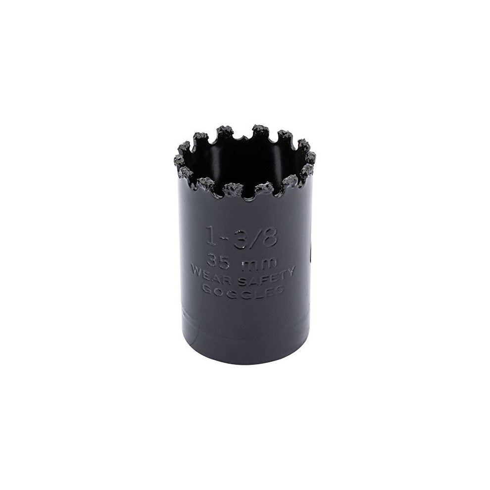 Black tungsten carbide grit hole saw with jagged edge, measuring 1 3/8 inches (35 mm), featuring safety warning text on the side.
