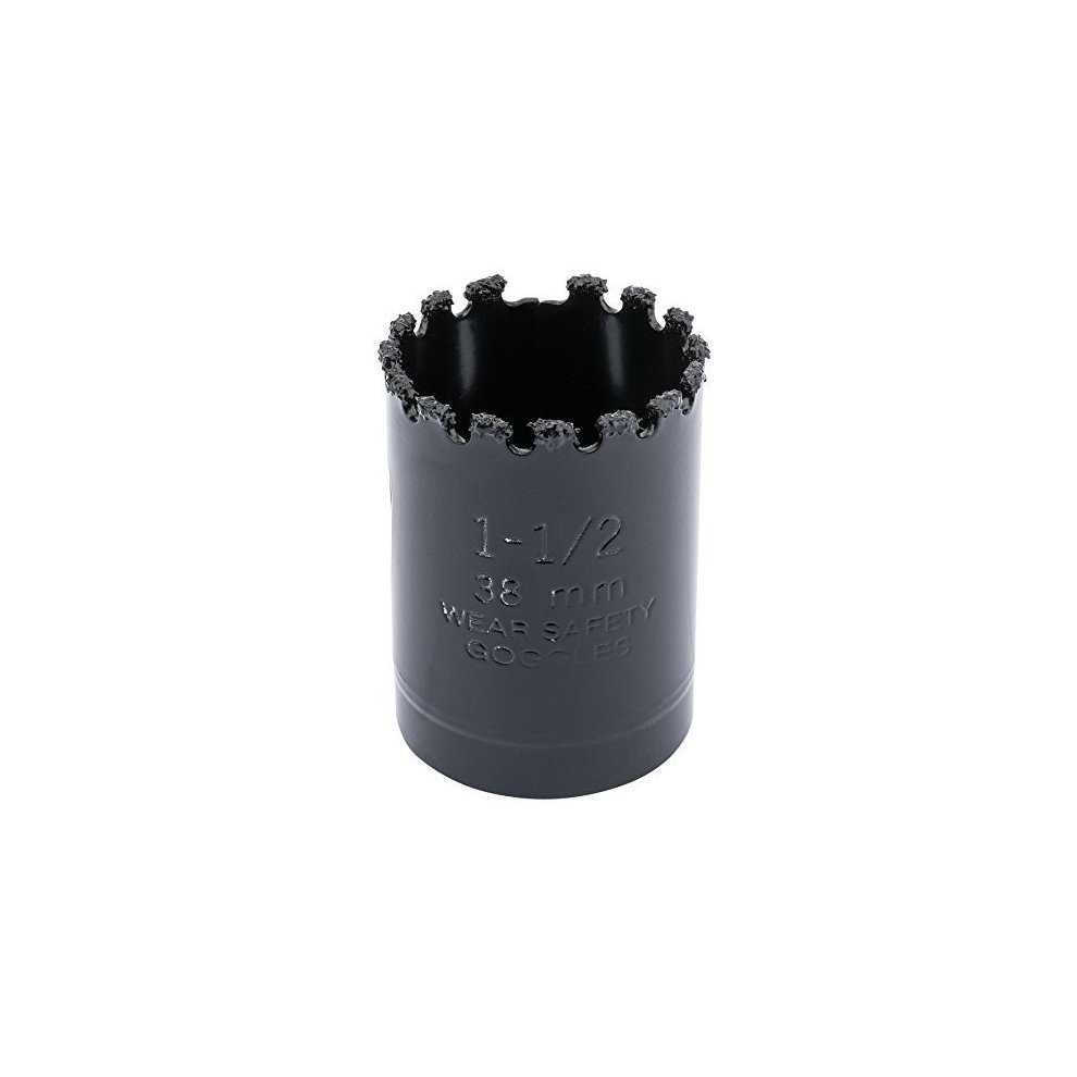 Black 38mm tungsten carbide grit hole saw with serrated edge and engraved markings for size and safety, designed for durability and precision in cutting.