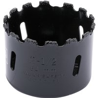 Black Draper Expert hole saw, 64mm, with tungsten carbide grit edge and open slots for debris removal.