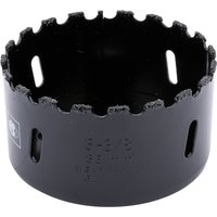 Black Draper Expert hole saw with tungsten carbide grit edge, 86mm diameter, and side slots for debris removal.