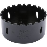 Black Draper Expert hole saw with tungsten carbide grit, 95mm diameter, featuring a toothed edge and ventilation slots.