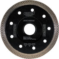 "Black Draper Expert Turbo-X diamond blade, 115mm, with silver rim and multiple circular cutouts"