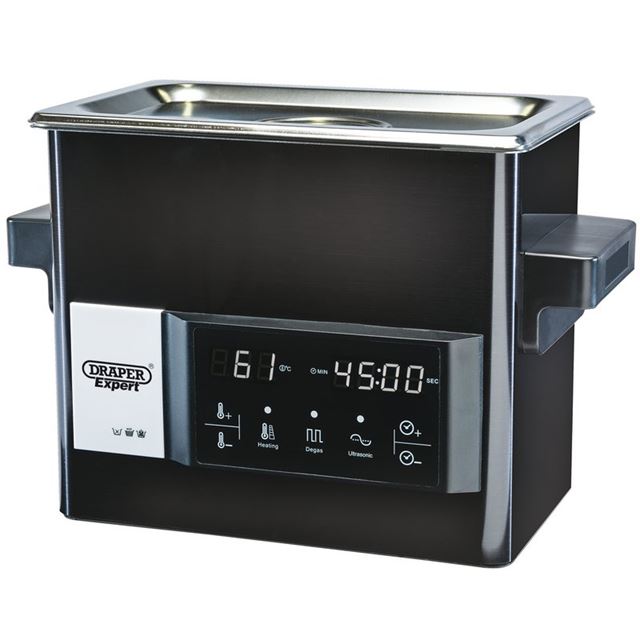 Draper Expert 92632 ultrasonic cleaning tank in black stainless steel, featuring a digital control panel, temperature display, and a 3L capacity for efficient cleaning.