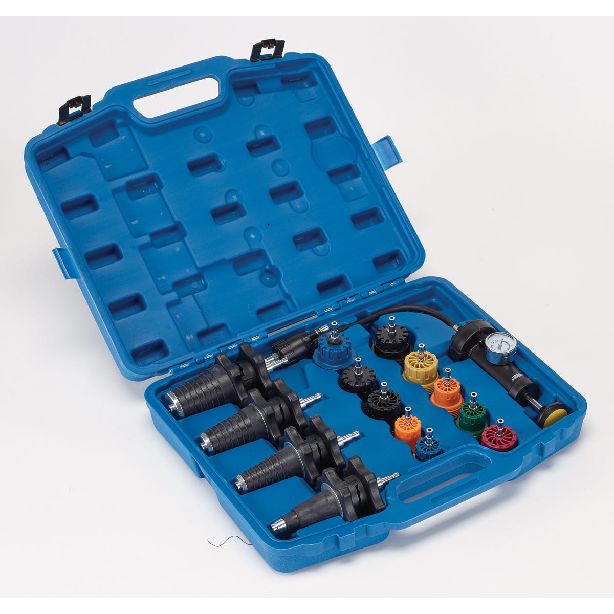 Blue plastic case containing a 15-piece universal pressure test kit, featuring various colored adapters and a pressure gauge, neatly arranged with a secure handle for portability.