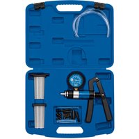 Blue Draper Expert vacuum and pressure test kit with gauge, hoses, and attachments in a molded carrying case.
