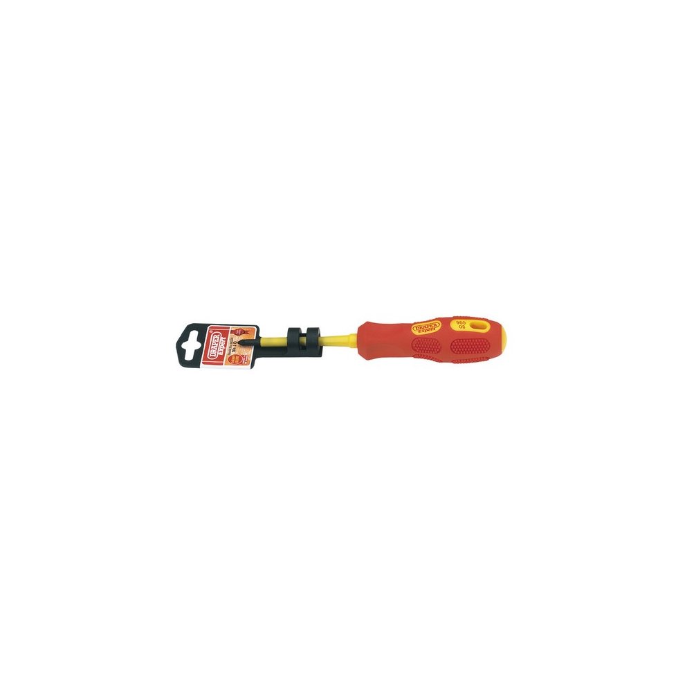 Fully insulated 150mm PZ slot screwdriver with a red and yellow rubber grip handle, featuring a black steel shaft and a hanging tag for display.