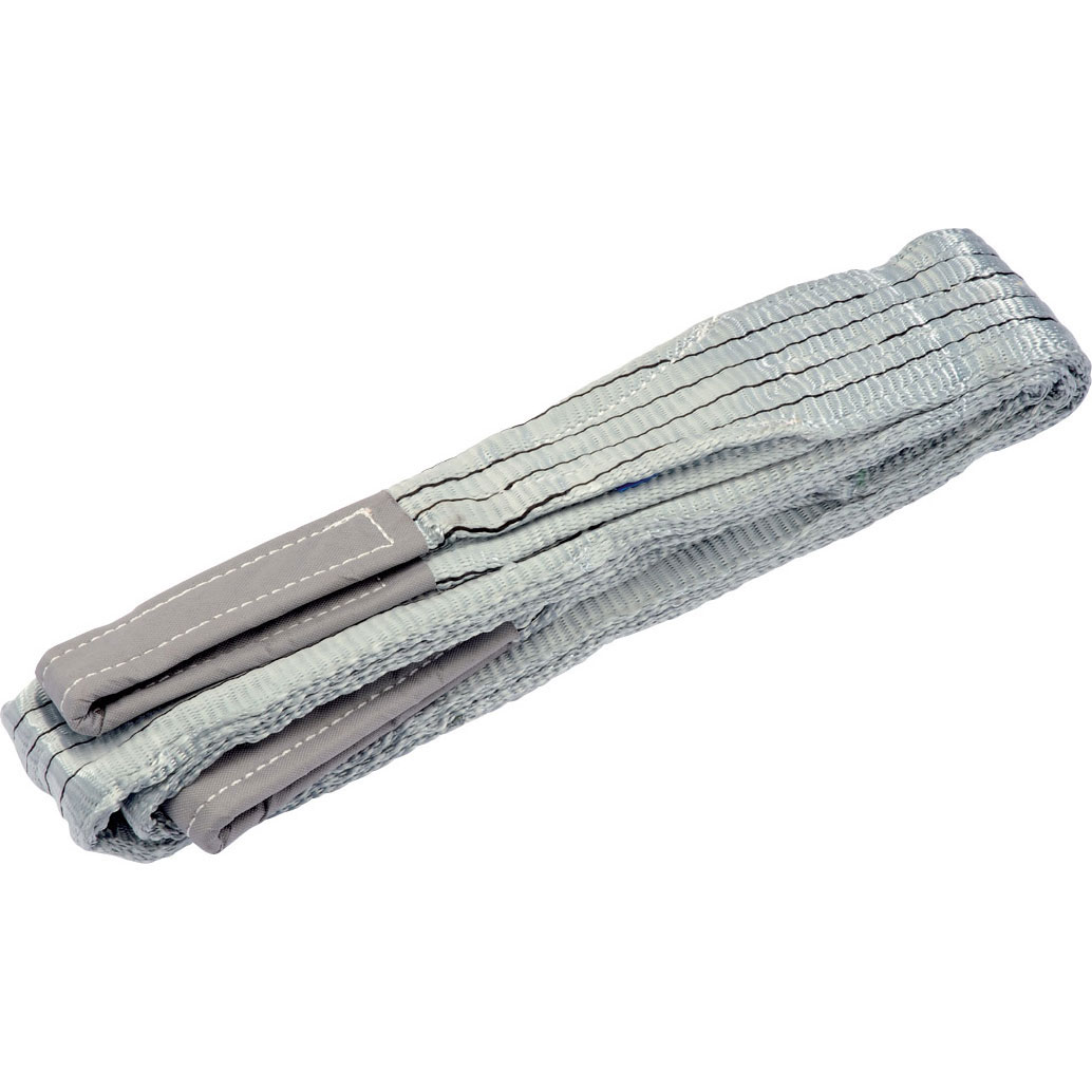 Gray load sling with a width of 120mm and a 2-meter length, featuring reinforced ends for durability, suitable for lifting loads up to 4 tonnes.