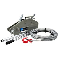 Draper Expert Wire Rope Puller, gray metal body, red hook, coiled steel cable, detachable handle.