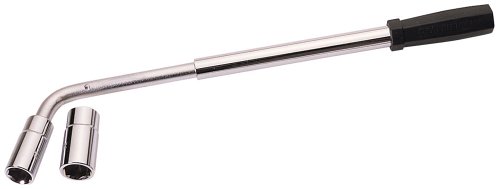 Extending wheel nut wrench with a chrome-plated finish, featuring a black rubber grip handle and two socket ends for different nut sizes.