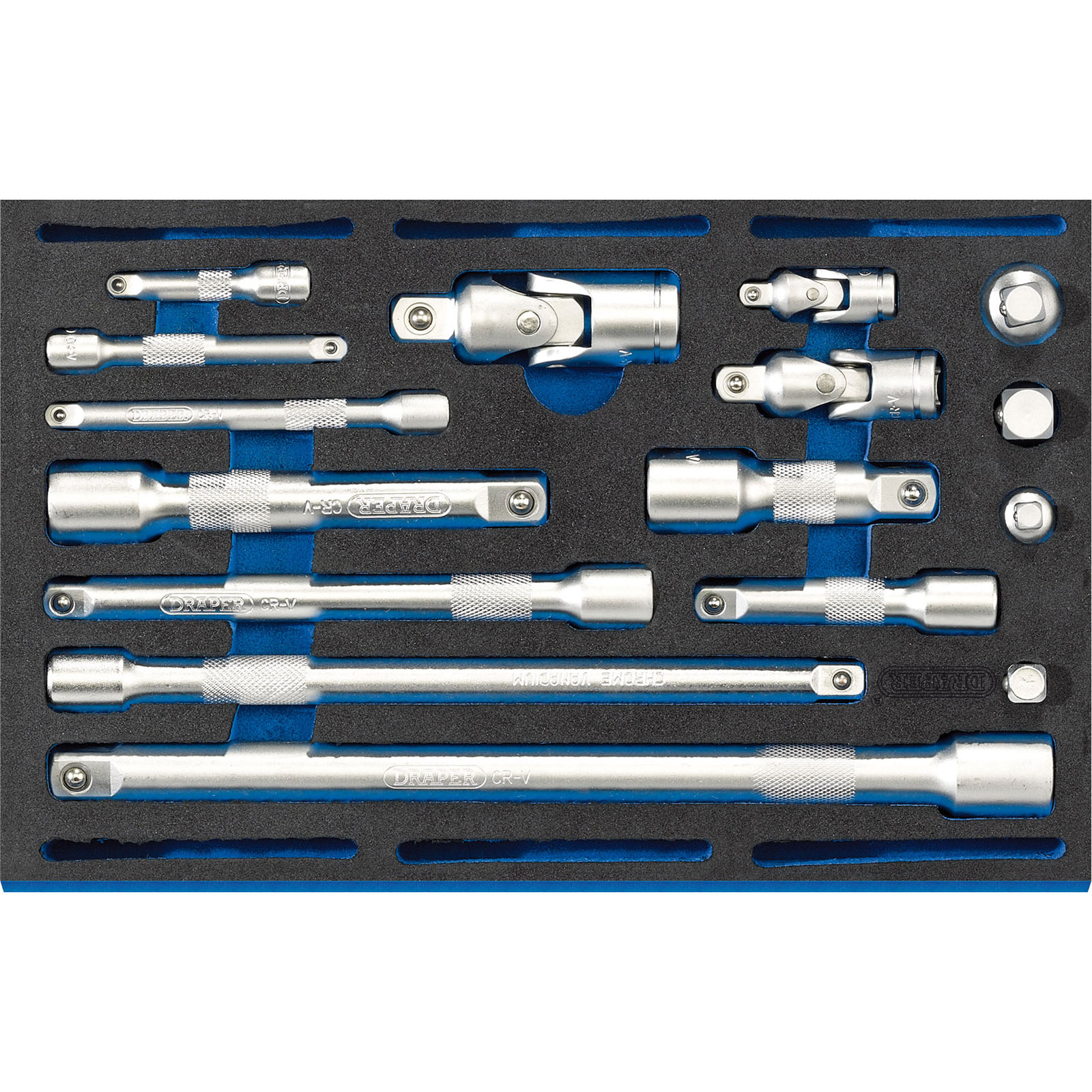 Draper 63530 Ext Bar, Uni Joint & Socket Conv Set features chrome vanadium steel tools in a black EVA foam tray, showcasing various socket sizes and extensions.