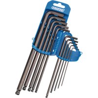 Draper 10-piece extra long metric hex and ball end hex key set in blue holder, featuring L-shaped design.