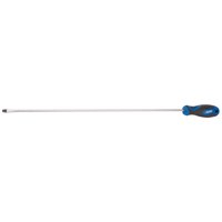 Draper screwdriver with extra long 450mm shaft, soft grip blue and black handle, plain slot tip.