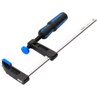 Black and blue Draper F-Clamp 200mm with ergonomic handle and adjustable sliding jaw on a metal bar.