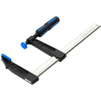 Draper F-Clamp 300mm with black and blue handle, silver metal bar, and protective blue clamp pads.