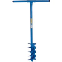 Blue Draper fence post auger with T-handle and helical blade, 1050 x 150mm size.