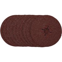 Brown Draper fibre sanding discs, 125mm, 24 grit, pack of 10, textured surface, circular shape.