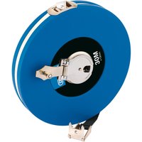 Blue Draper fibreglass measuring tape, 30m/100ft x 13mm, with silver winding mechanism and black tape.