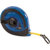 Blue and black Draper fibreglass measuring tape, 30m/100ft, with yellow tape and black hook.