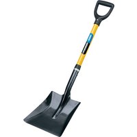 Draper square mouth builders shovel with black fibreglass shaft, yellow handle, and D-grip.