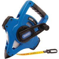 Blue Draper fibreglass surveyors tape, 30m/100ft, with ergonomic handle and retractable yellow tape.