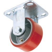 Red polyurethane wheel with silver metal fixed plate, 100mm diameter, heavy duty, supports up to 250kg.