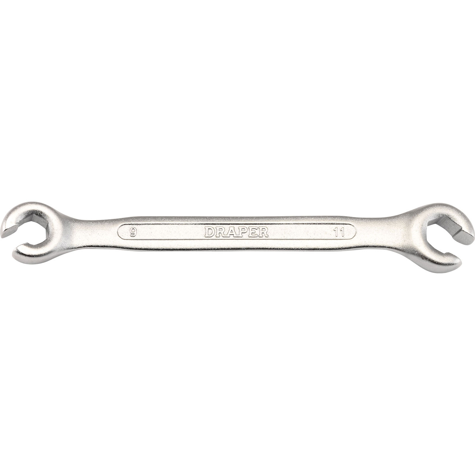 Silver Draper 16137 flare nut spanner with dual open ends, marked with sizes 8 and 11, featuring a polished finish for durability and grip.