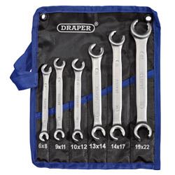 Six-piece Draper flare nut spanner set displayed in a blue and black fabric holder, featuring shiny steel wrenches with open ends, labeled with sizes from 6x8 to 19x22.