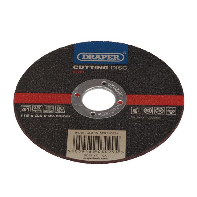 Draper 94781 flat stone cutting disc in dark gray with a central metal hub, measuring 115 x 2.5 x 22.23mm, featuring a textured surface for effective cutting.