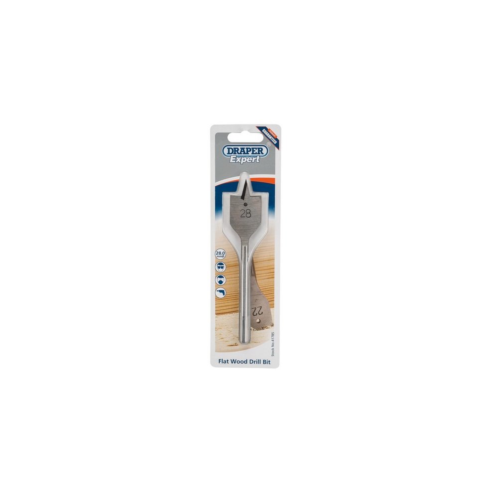 28mm flat wood drill bit with a silver metallic finish, featuring a sharp cutting edge and a pointed tip, packaged in a clear plastic blister with blue and red branding.