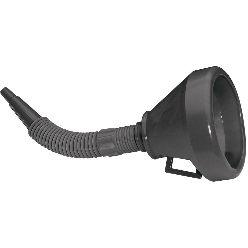 Flexible gray plastic funnel with a wide opening and a ribbed, extendable spout, featuring a handle for easy grip and pouring.
