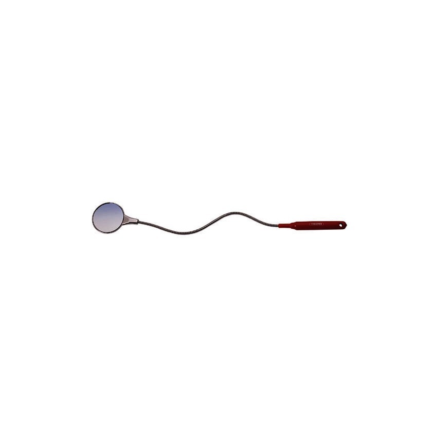 Flexible shaft inspection mirror with a round reflective surface, a flexible metal neck, and a red plastic handle for easy maneuverability.