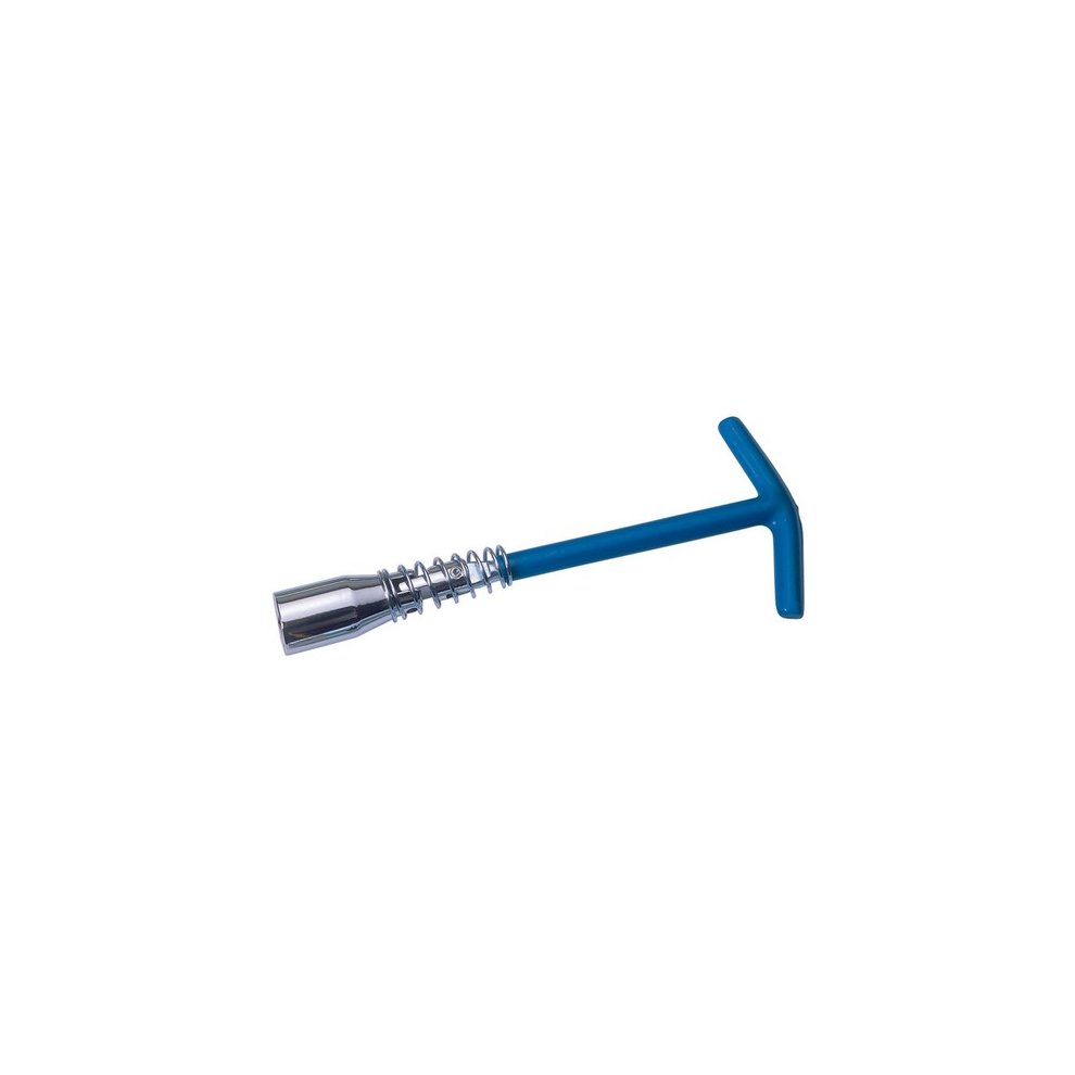 Blue T-shaped handle spark plug wrench with a flexible shaft and chrome-plated socket, designed for 10mm spark plugs, featuring a coiled spring for added flexibility.