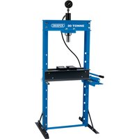 Blue Draper floor press, 20 tonne capacity, with hydraulic gauge, adjustable bed, and dual handles.