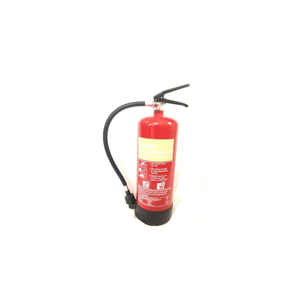 Red 6L foam fire extinguisher with a black nozzle, hose, and yellow label featuring safety instructions and symbols for fire types.