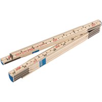 Folding wood rule by Draper, 2m length, beige with red and black markings, blue accents on joints.